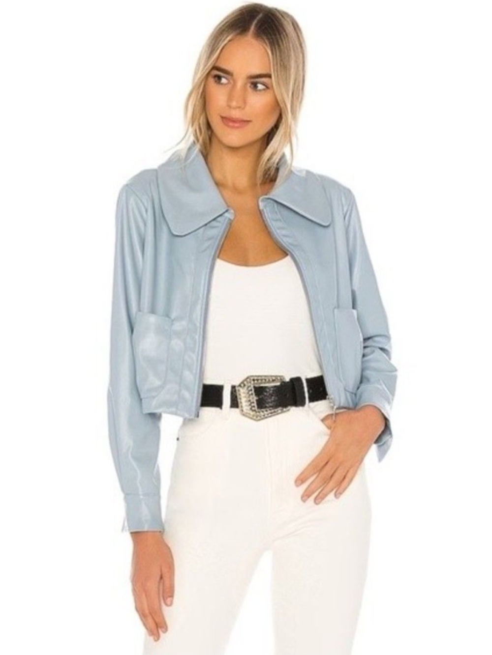 NWOT Lovers + Friends Lynn Faux Leather Jacket in Dusty Blue Sz S